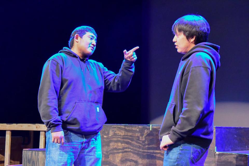 Jayden Abeita, left, and Kiyanii Natonabah rehearse a scene from the Newcomb High School production of “Nizhoni’s Last Summer,” which will be presented Saturday, May 13 at the Phil Thomas Performing Arts Center in Shiprock.