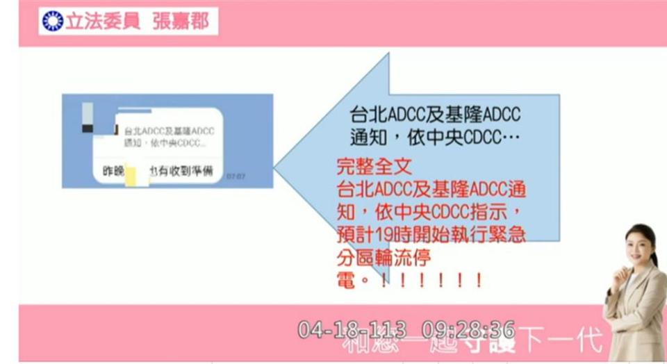 415分區限電危機，台電否認有此準備，但6個區域調度中心確實有收到分區輪停指令，國民黨立委張嘉郡18日在立法院也出示截圖，怒批台電為何要說謊，同時竟聽說台電要清查調度員工的手機，看誰洩密，要求經濟部長了解有無此事。(擷取自立院議事轉播)