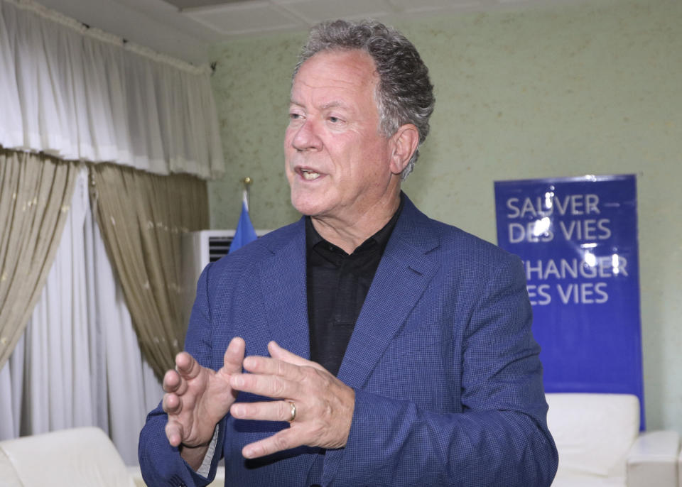 FILE - In this Oct. 9, 2020 file photo, World Food Program (WFP) Executive Director David Beasley speaks to journalists about the organization's Nobel Peace Prize win, at the airport in Ouagadougou, Burkina Faso. After a visit to Yemen Beasly warned that his underfunded organization may be forced seek hundreds of millions of dollars in private donations in a desperate bid to stave off widespread famine in the coming months. Beasley told The Associated Press in an interview Wednesday March 10, 2021, that conditions in war-wrecked Yemen are “hell.” (AP Photo/Sam Mednick, File)