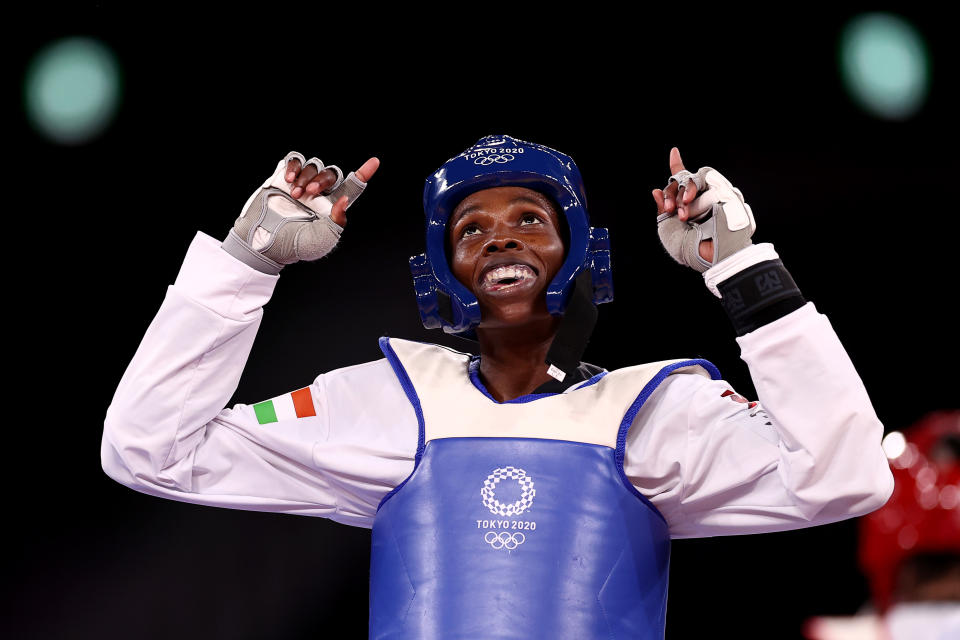 <p>CHIBA, JAPAN - JULY 25: Tekiath Ben Yessouf of Team Niger celebrates after defeating Fani Tzeli of Team Greece during the Women's -57kg Taekwondo Repechage contest on day two of the Tokyo 2020 Olympic Games at Makuhari Messe Hall on July 25, 2021 in Chiba, Japan. (Photo by Maja Hitij/Getty Images)</p> 