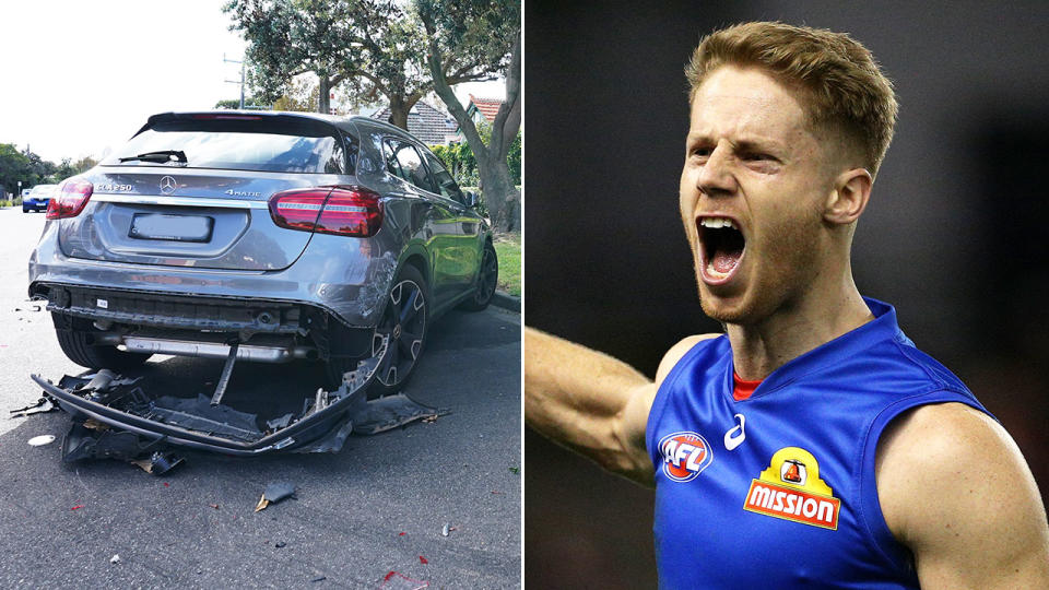 Pictured right, Lachie Hunter and the car towed from the scene of an alleged drink-driving incident.