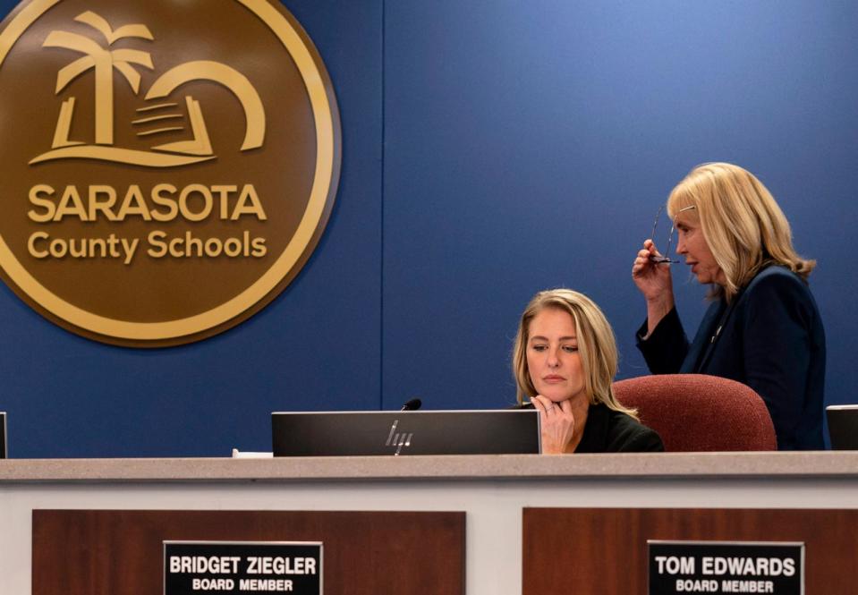 PHOTO: Board member Bridget Ziegler, seated at a Sarasota County School Board meeting in Sarasota, Fla., Dec. 12, 2023.   (Thomas Simonetti for The Washington Post via Getty Images)