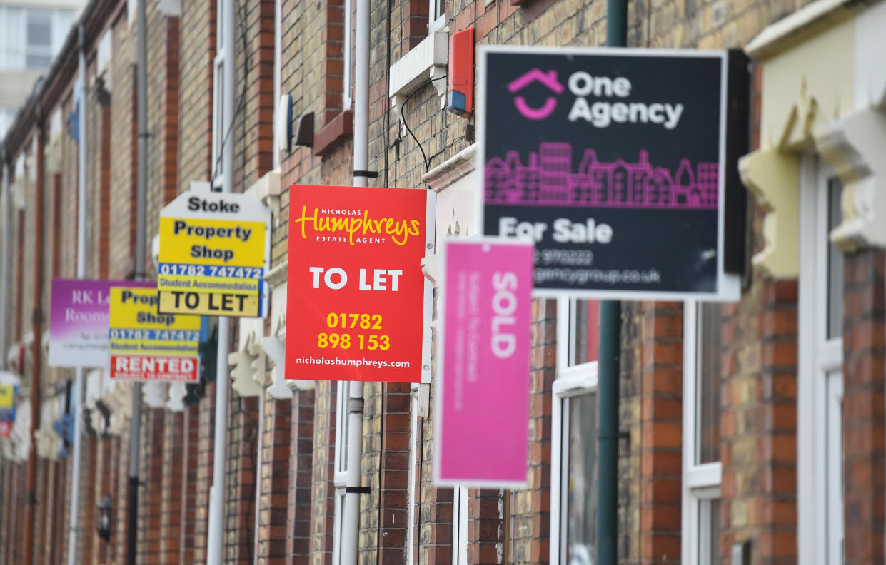 STOKE-ON-TRENT, ENGLAND - MARCH 03: Placards from various estates agents advertising properties To Let , For Sale and Sold on March 03, 2021 in Stoke-on-Trent, England. UK Chancellor, Rishi Sunak, announced the return of 95% mortgages to help first-time buyers. He also announced that house buyers would be exempt from paying stamp duty for a further three months with the scheme ending on 31st June 2021. (Photo by Nathan Stirk/Getty Images)