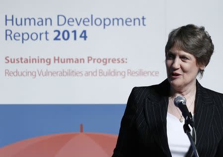 United Nations Development Programme (UNDP) Administrator Helen Clark gives a speech during an announcement event of the Global Launch of Human Development Report 2014 at the United Nations University Headquarters in Tokyo July 24, 2014. REUTERS/Yuya Shino