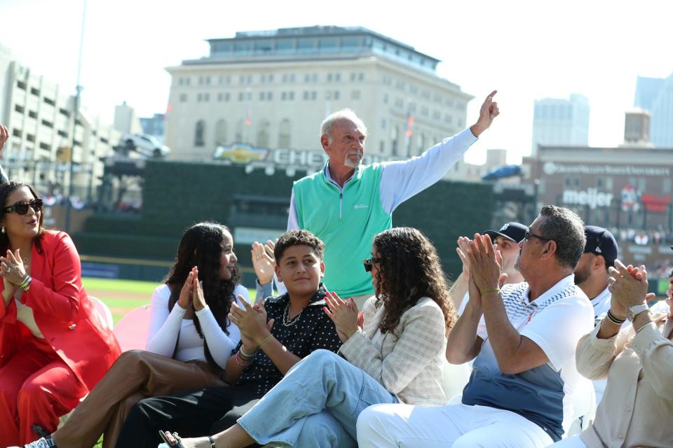 Former Detroit Tigers Jim Leyland introduced during pregame ceremonies for Detroit Tigers designated hitter Miguel Cabrera (24) at Comerica Park in Detroit on Saturday, Sept. 30, 2023.