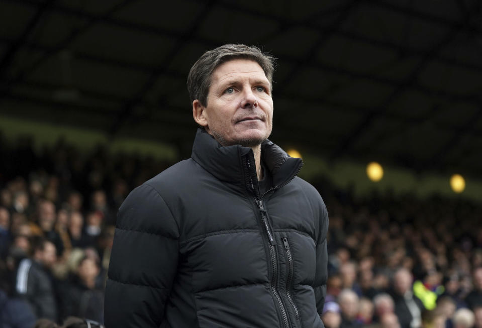 Crystal Palace's new manager Oliver Glasner looks on during the English Premier League soccer match between Crystal Palace and Burnley, at Selhurst Park, in London. Saturday, Feb. 24, 2024. (Bradley Collyer/PA via AP)