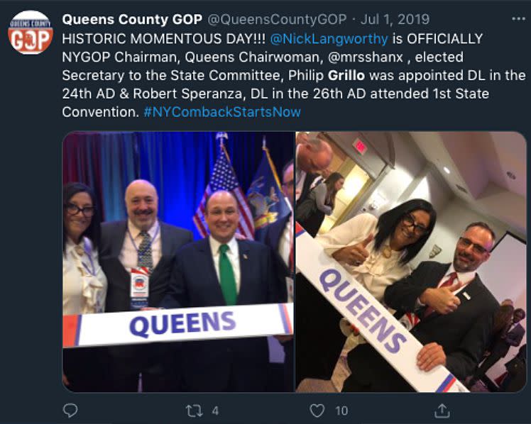 Screengrab of a since-deleted tweet posted by the Queens County Republican Party on July 1, 2019. Ariola and Grillo can be seen flashing their thumbs in the picture on the right. The photo on the left shows (from left to right): Ariola, Republican organizer Robert Speranza, state GOP Chairman Nick Langworthy and Grillo. 
