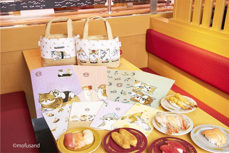壽司郎與日本超人氣mofusand貓福珊迪合作，祭出多款聯名周邊商品，消費滿額即可獲得。（圖／壽司郎提供）