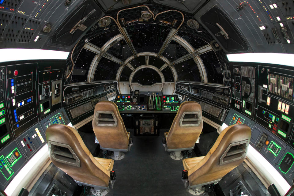 Inside the cockpit of the Millennium Falcon. (Joshua Sudock/Disney Parks)