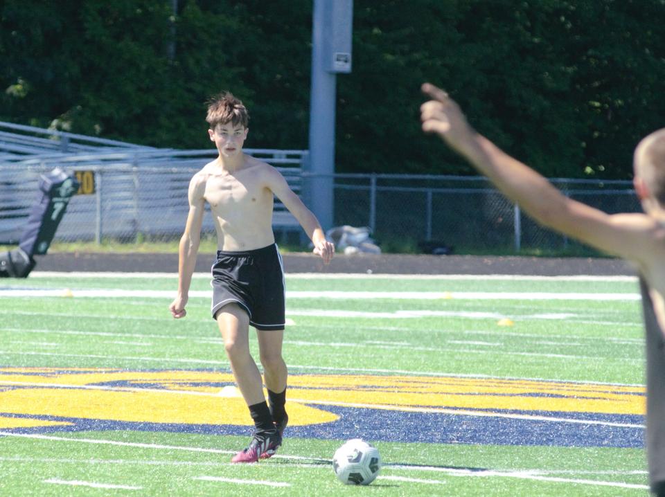 A Gaylord soccer player looks to rotate the ball during a practice on Tuesday, August 9.