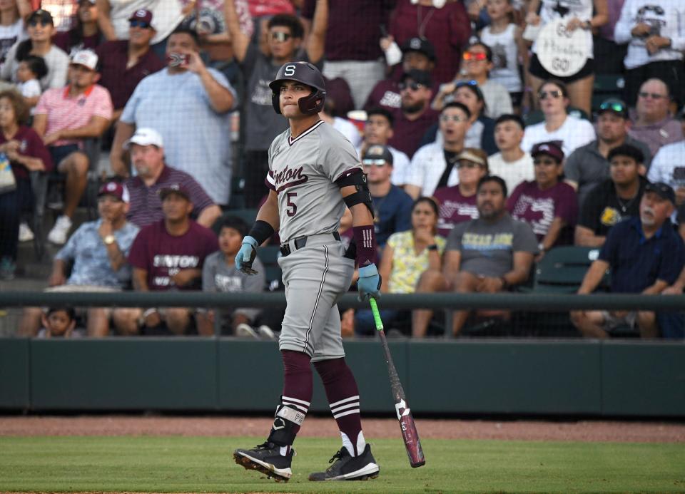 Sinton's Rylan Galvan reacts during a Class 4A regional final baseball game at Whataburger Field on Thursday, June 2, 2022 in Corpus Christi, Texas.