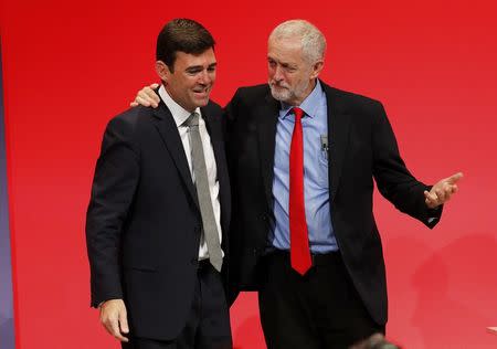 Britain's Labour Party leader Jeremy Corbyn (R) stands with the Shadow Home Secretary Andy Burnham during the last day of the Labour Party conference in Liverpool, Britain, September 28, 2016. REUTERS/Darren Staples