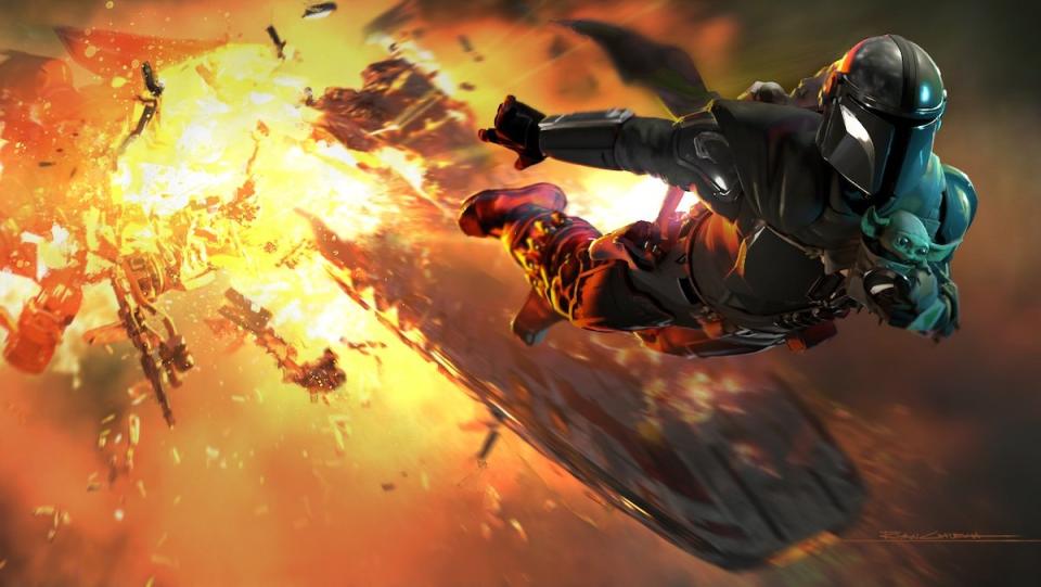 Din Djarin holds Grogu while flying away from an exploding ship bathed in orange fire in promo work for The Mandalorian & Grogu