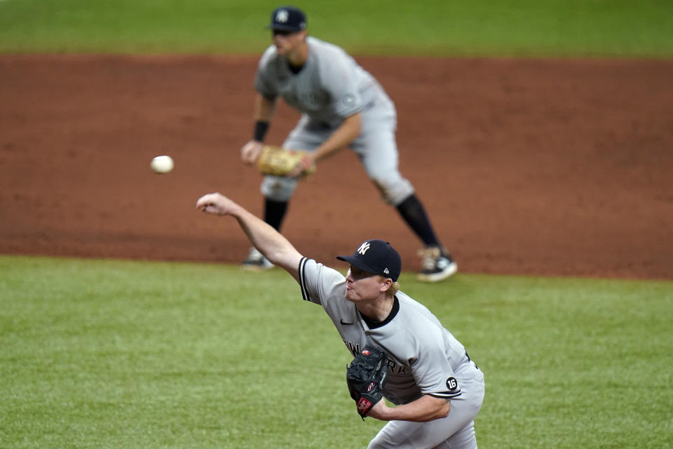 New York Yankees relief pitcher Nick Nelson delivers to the Tampa Bay Rays during the third inning of a baseball game Friday, April 9, 2021, in St. Petersburg, Fla. (AP Photo/Chris O'Meara)