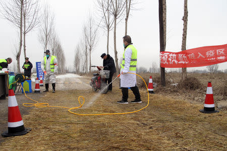 Police officers and workers in protective suits are seen at a checkpoint on a road leading to a farm owned by Hebei Dawu Group where African swine fever was detected, in Xushui district of Baoding, Hebei province, China February 26, 2019. REUTERS/Hallie Gu