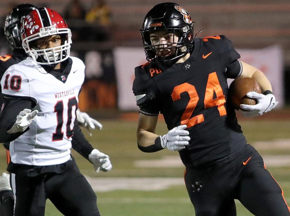 Massillon's Tyler Hackenbracht, returning a punt vs. Westerville South in a regional quarterfinal, has three interceptions this season.