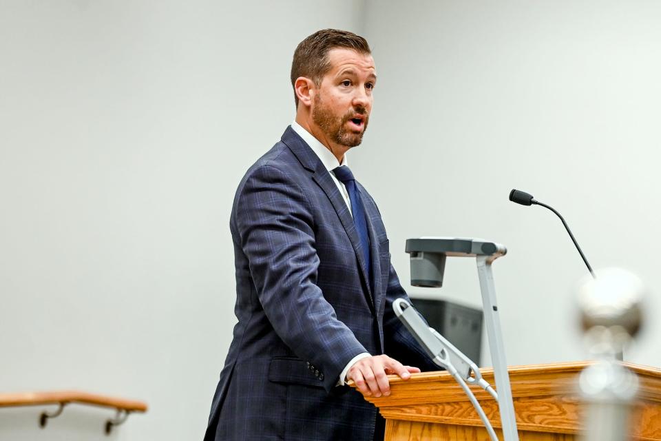 Defense attorney Patrick O'Keefe give an opening statement during the trail for his client Parker Surbrook on Friday, Aug. 4, 2023, at the 30th Circuit Court Annex in Lansing.