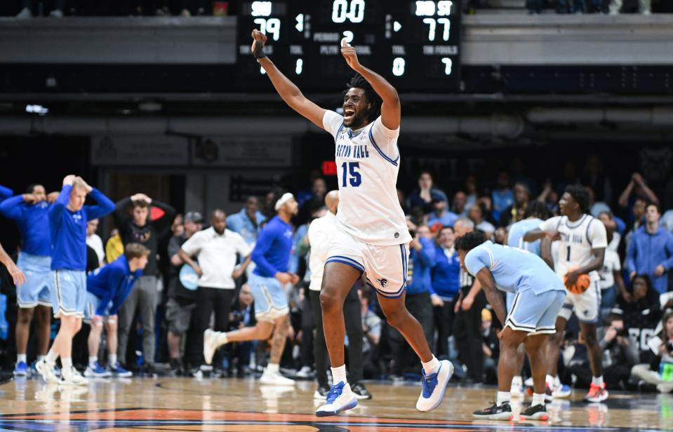 Apr 4, 2024; Indianapolis, IN, USA; Seton Hall Pirates center Jaden Bediako (15) celebrates after defeating the Indiana State Sycamores at Hinkle Fieldhouse. Mandatory Credit: Robert Goddin-USA TODAY Sports