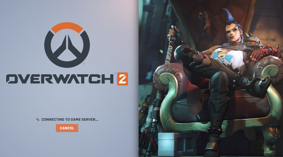 A composite of screenshots from Overwatch 2, showing the logo and one of the new characters in game, Junker Queen.