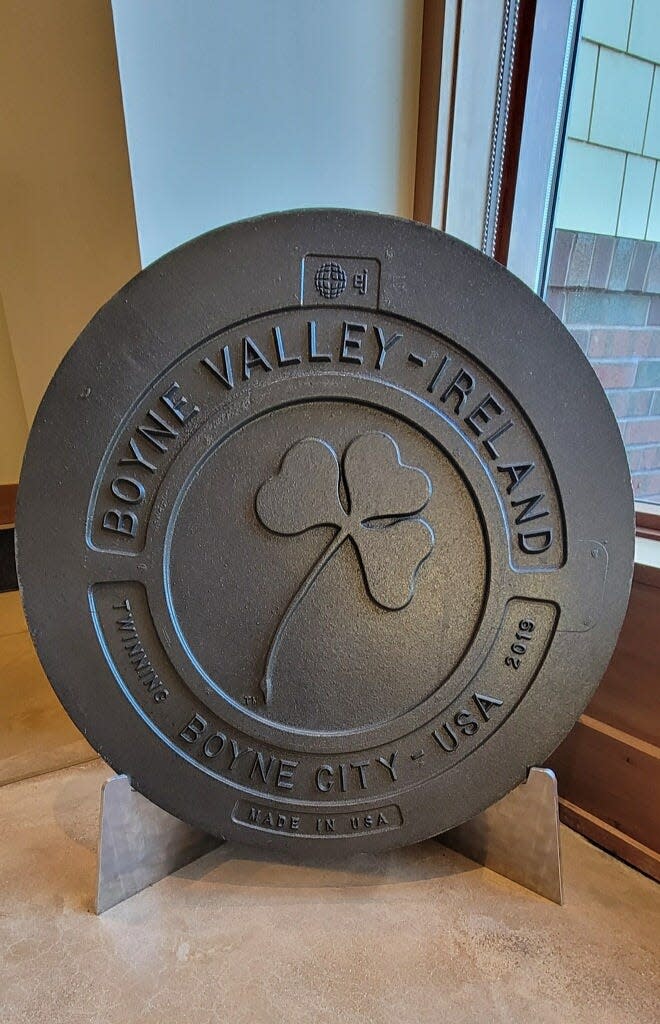 East Jordan Iron Works has a manufacturing facility and sales office in County Offaly in Ireland. Representatives from the company made this ceremonial plaque to mark the twinning partnership, which is now on display in Boyne City Hall.