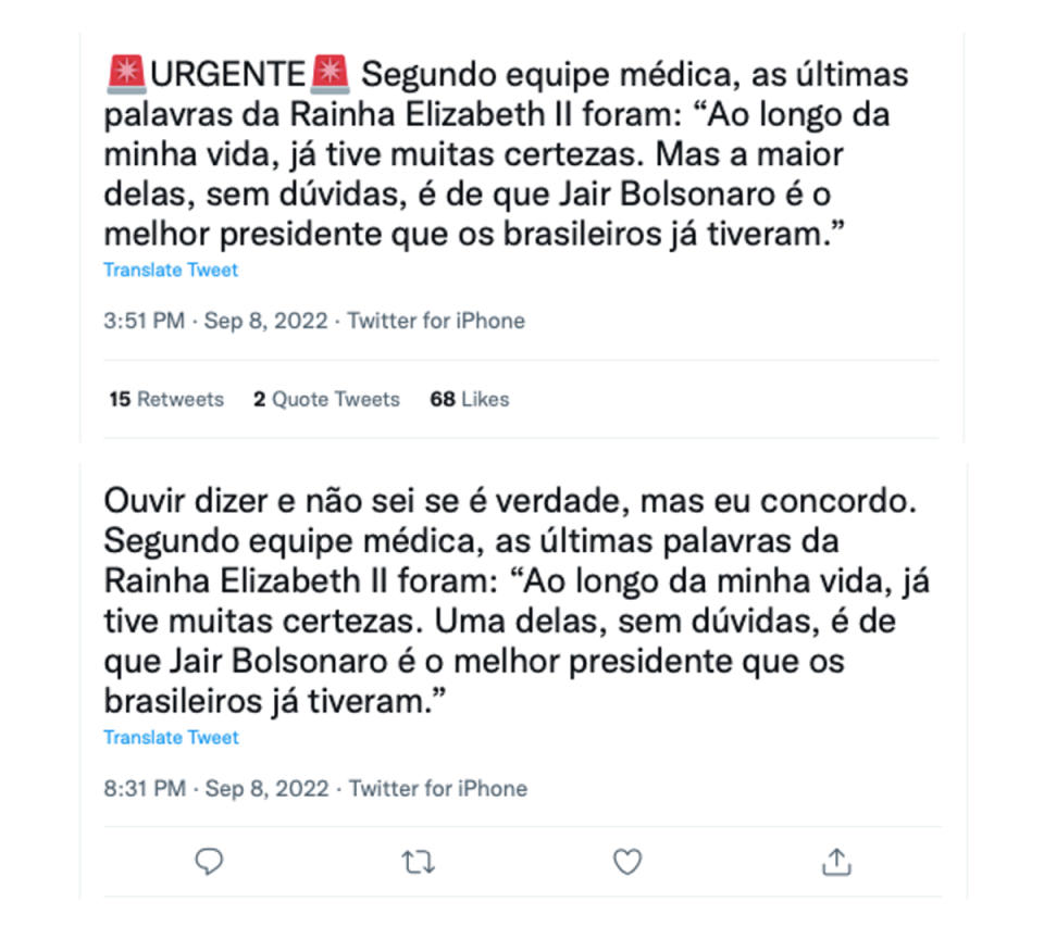 Captura de tela de publicações afirmando que antes de morrer, a Rainha Elizabeth II teria elogiado o presidente Jair Bolsonaro (Foto: Twitter / Reprodução)