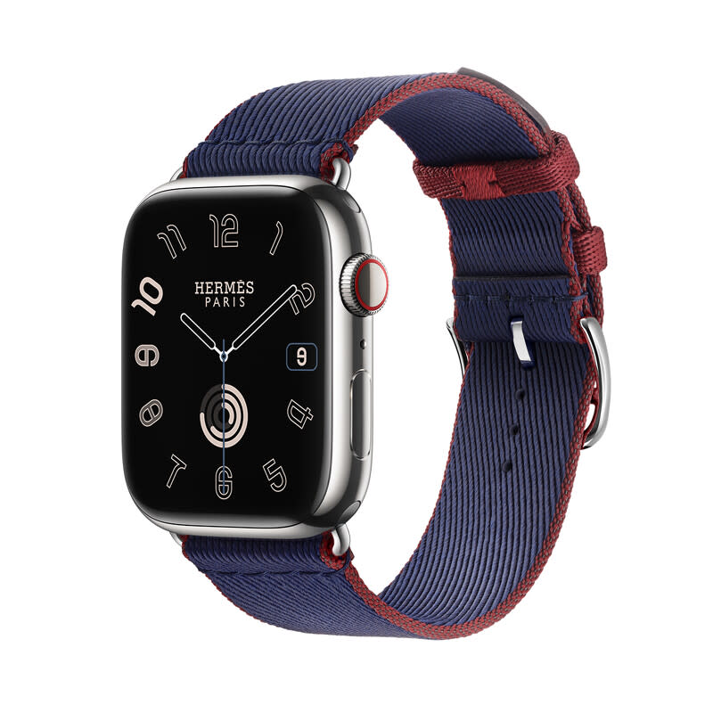 APPLE WATCH HERMES 9系列_45 mm銀色不銹鋼錶殼_海軍藍色搭配愛馬仕紅色_尼龍編織 Twill Jump 單圈錶款_NT$ 42,400