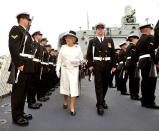 <p>Keeping in the color scheme, Queen Elizabeth inspected the HMCS St John's in Halifax, Canada wearing a reserved white coat.</p>