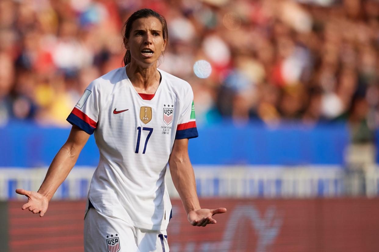 Tobin Heath reacts to a call during the 2019 World Cup.