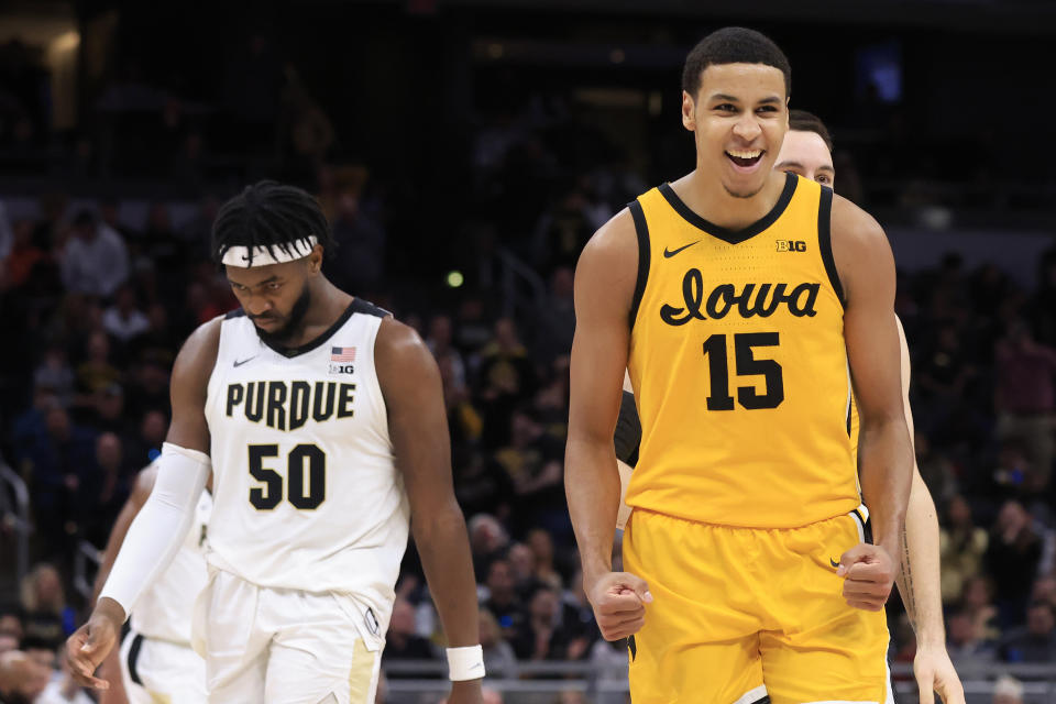 Iowa's Keegan Murray celebrates against Purdue during the Big Ten championship game on March 13, 2022 in Indianapolis. (Justin Casterline/Getty Images)