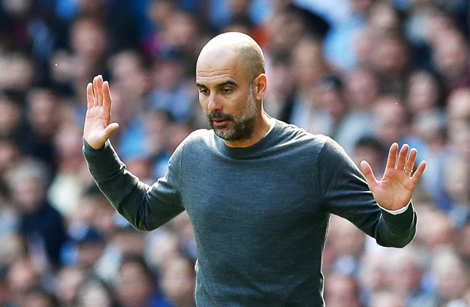 Manchester City manager Pep Guardiola reacts on the touchline during the Premier League match at the Etihad Stadium, Manchester. (Photo by Martin Rickett/PA Images via Getty Images)