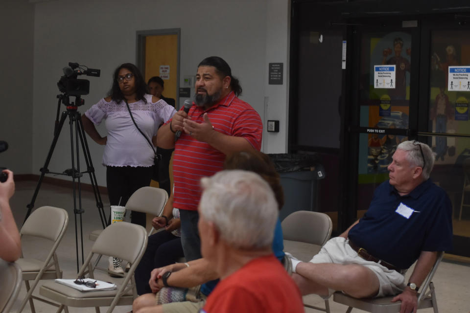 Sierra Vista City Councilmember Mark Rodgrigez shares his concerns about the potential Albertsons and Kroger merger at a listening session with Arizona Attorney General Kris Mayes on July 26, 2023.