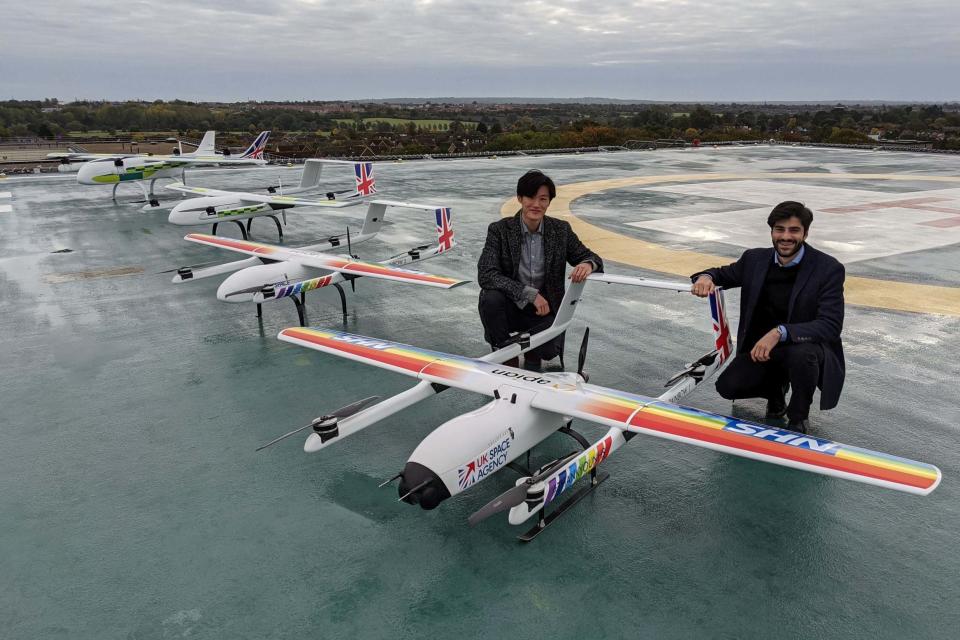 Apian founders Hammad Jeilani and Christopher Law with their drones (PA)