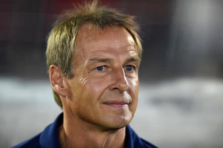 Oct 10, 2015; Pasadena, CA, USA; United States coach Juergen Klinsmann reacts during a 3-2 loss in overtime against Mexico in CONCACAF Cup match at Rose Bowl. Mandatory Credit: Kirby Lee-USA TODAY Sports
