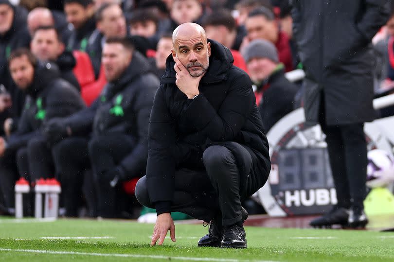 Manchester City manager Pep Guardiola pictured at Anfield