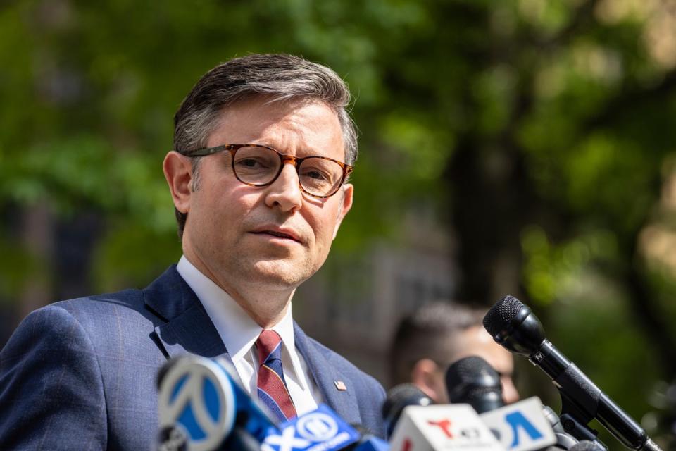 Mike Johnson, Republican speaker of the House of Representatives, appears outside of Manhattan Criminal Court to speak for Donald Trump on 14 May 2024 (Stefan Jeremiah/AP)