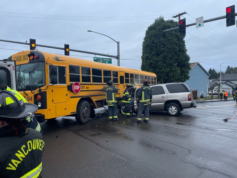 Vancouver Fire Department crews at the scene of a crash involving an SUV and a school bus on Wednesday, Jan. 24, 2024. (Credit: Vancouver Fire Department)