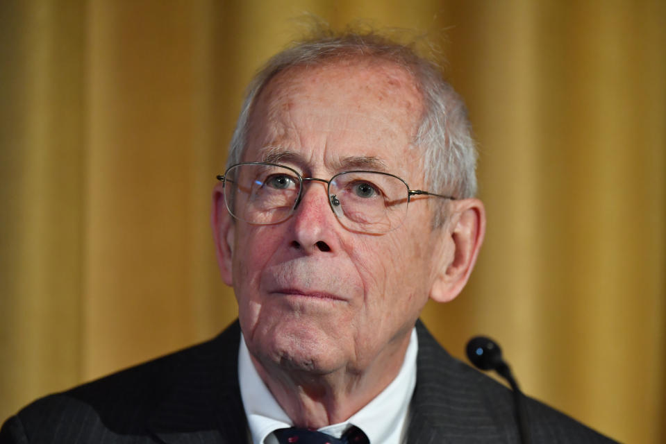 Nobel Physics Laureate James Peebles attends a press conference at the Royal Swedish Academy of Sciences in Stockholm, Sweden Saturday, Dec. 7, 2019. (Jonas Ekstromer /TT News Agency via AP)