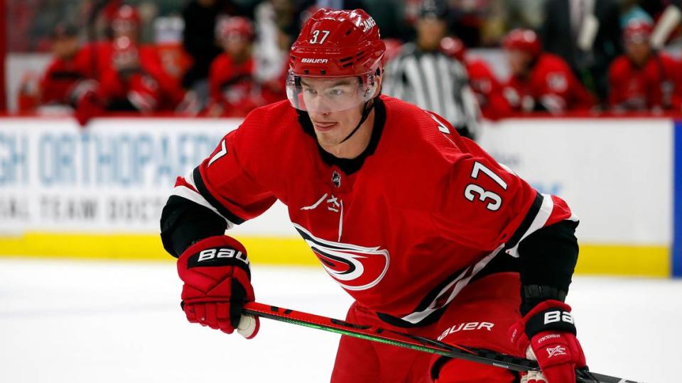 Carolina Hurricanes’ Andrei Svechnikov (37) moves on the puck against the Tampa Bay Lightning during the second period of an NHL hockey game, in Raleigh, N.C., Sunday, Oct. 6, 2019. (AP Photo/Karl B DeBlaker)