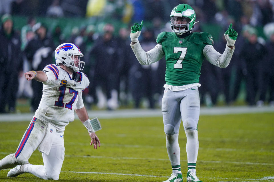 Philadelphia Eagles linebacker Haason Reddick celebrates after sacking Buffalo Bills quarterback Josh Allen during the first half of an NFL football game Sunday, Nov. 26, 2023, in Philadelphia. (AP Photo/Chris Szagola)