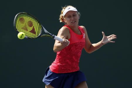 Mar 23, 2017; Miami, FL, USA; Daria Gavrilova of Australia hits a forehand against Lucie Safarova of the Czech Republic (not pictured) on day three of the 2017 Miami Open at Crandon Park Tennis Center. Safarova won 6-2, 6-2. Mandatory Credit: Geoff Burke-USA TODAY Sports