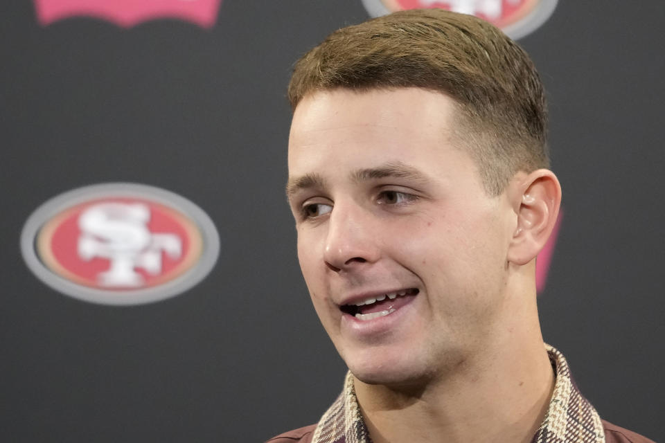 San Francisco 49ers quarterback Brock Purdy speaks to reporters after an NFL football game against the Seattle Seahawks in Santa Clara, Calif., Sunday, Dec. 10, 2023. (AP Photo/Godofredo A. Vásquez)