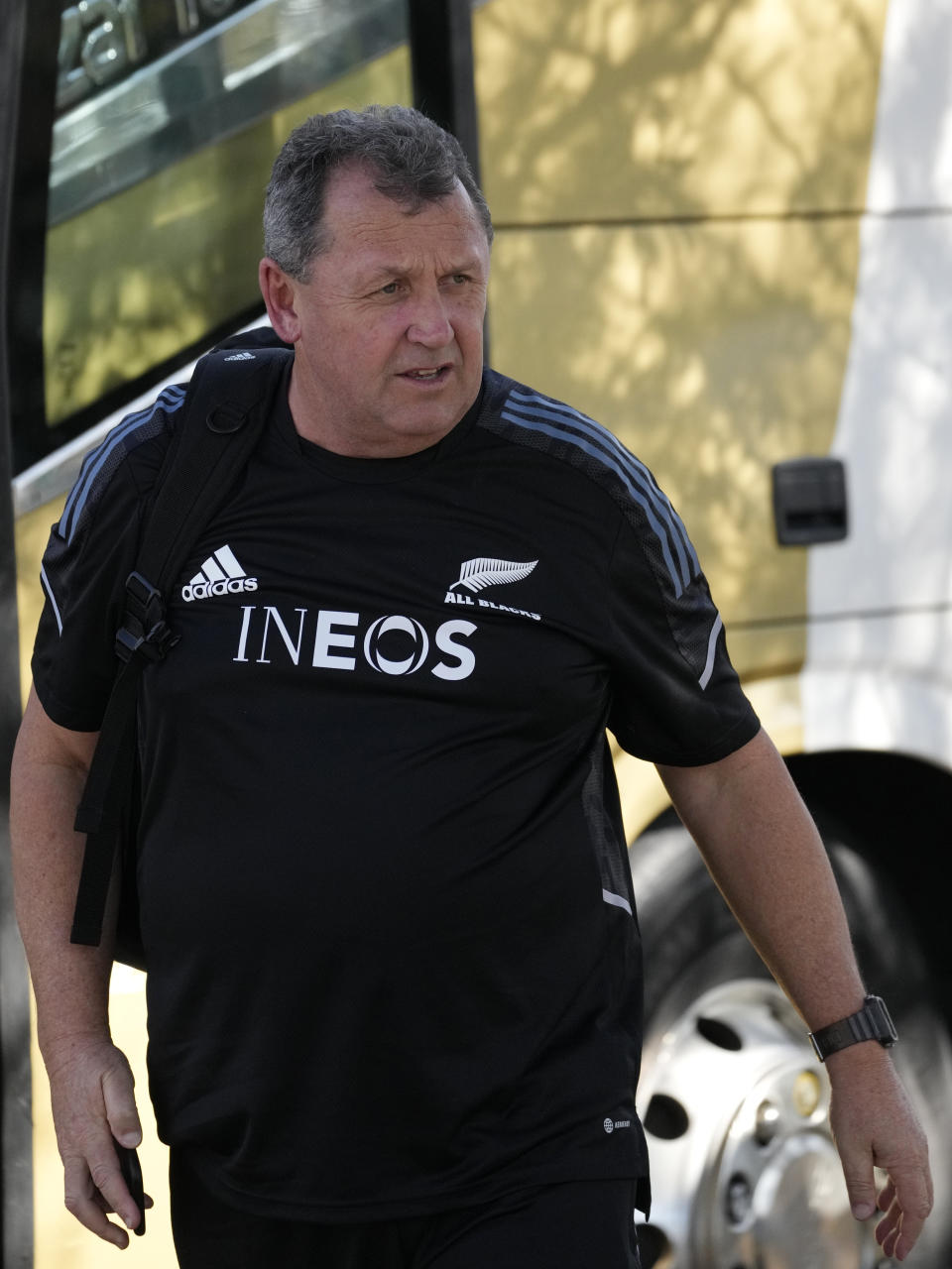 New Zealand's head coach Ian Foster arrives for their training practice at St David's Marist preparatory and high school for boys in Johannesburg, South Africa, Thursday, Aug. 11, 2022. (AP Photo/Themba Hadebe)