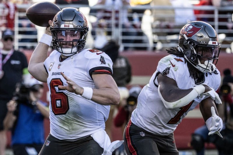 Tampa Bay Buccaneers quarterback Baker Mayfield (L) can be used as a fantasy football QB1 in the playoffs. File Photo by Terry Schmitt/UPI