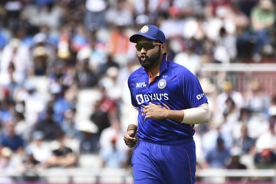 India's Rohit Sharma fields during the third one day international cricket match between England and India at Emirates Old Trafford cricket ground in Manchester, England, Sunday, July 17, 2022. (AP Photo/Rui Vieira)