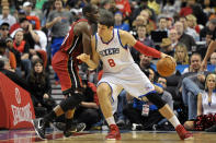 PHILADELPHIA, PA - MARCH 16: Nikola Vucevic #8 of the Philadelphia 76ers drives on Joel Anthony #50 of the Miami Heat at the Wells Fargo Center on March 16, 2012 in Philadelphia, Pennsylvania. The Heat won 84-78. NOTE TO USER: User expressly acknowledges and agrees that, by downloading and or using this photograph, User is consenting to the terms and conditions of the Getty Images License Agreement. (Photo by Drew Hallowell/Getty Images)