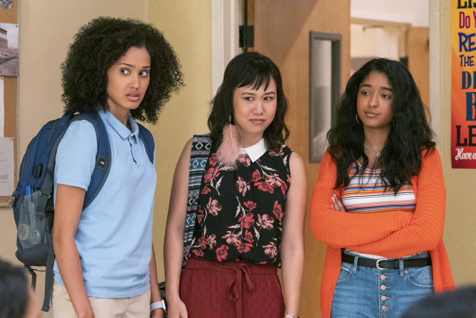 This handout photo provided by Netflix shows Lee Rodriguez as Fabiola Torres, from left, Ramona Young as Eleanor Wong and Maitreyi Ramakrishnan as Devi Vishwakumar in a scene from "Never Have I Ever." (Lara Solanki/Netflix via AP)