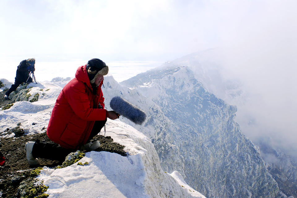 Director Werner Herzog right, on the Mount Erebus rim, ENCOUNTERS AT THE END OF THE WORLD, 2007.