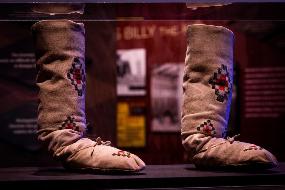 A pair of Ndé moccasins on display at Bosque Redondo Memorial.