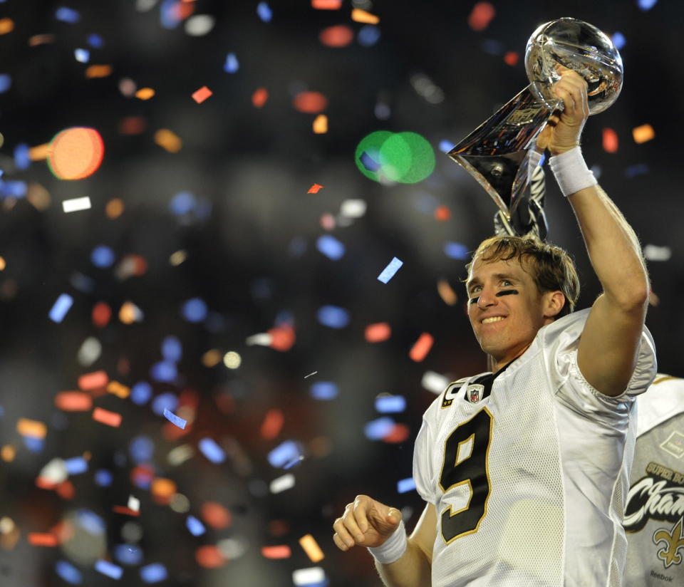 Quarterback Drew Brees of the New Orleans Saints after the Saints defeated the Indianapolis Colts during Super Bowl XLIV. (Getty)