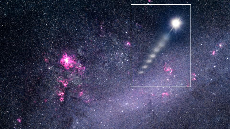 a bright white star zooms through space